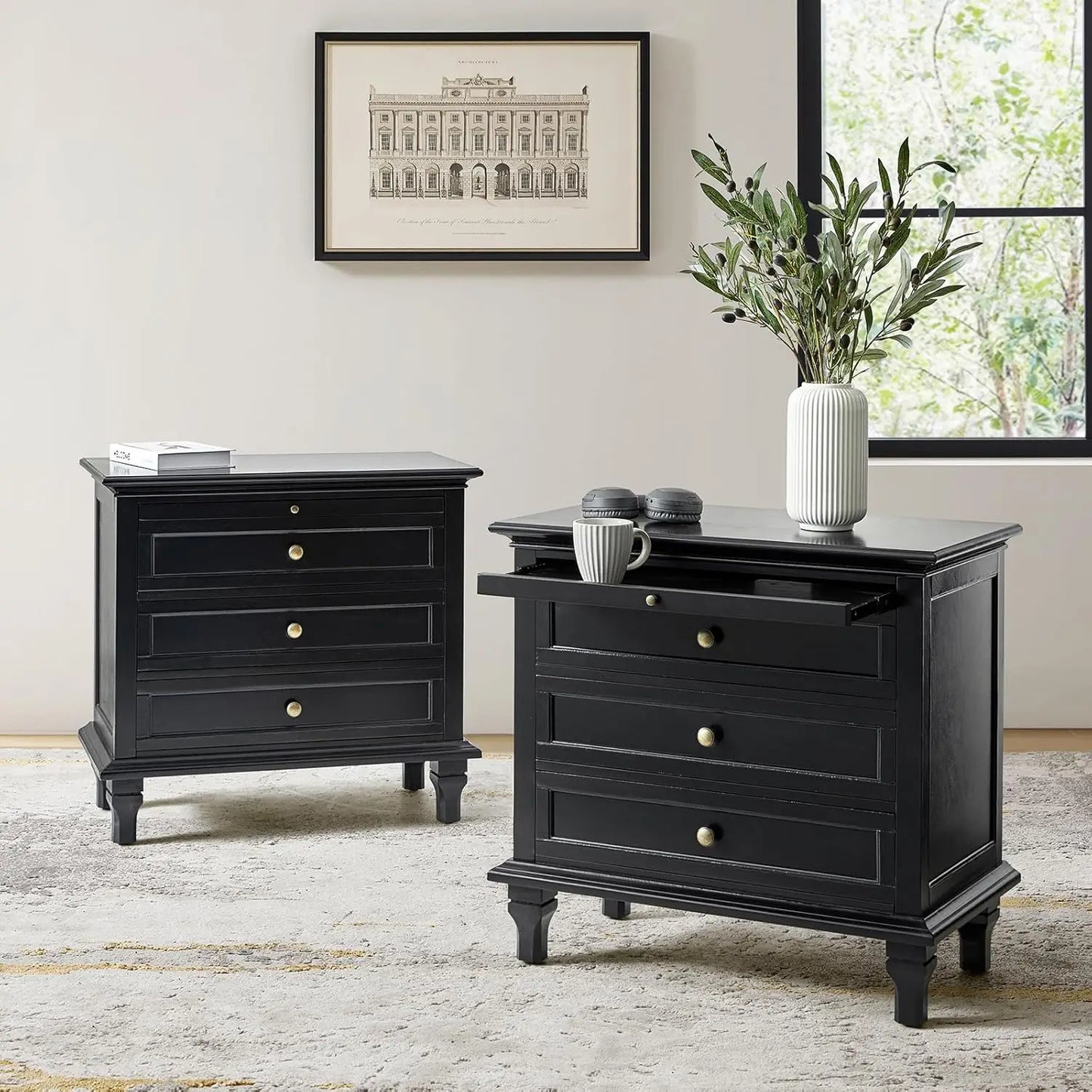 REGINA Farmhouse Nightstand Set of 2 with Charging Station, Pull-Out Shelf & Solid Wood Legs - 27''