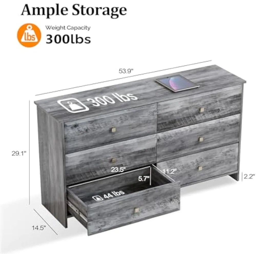 DANNA Rustic Grey 6-Drawer Wood Dresser - 53.9" Wide