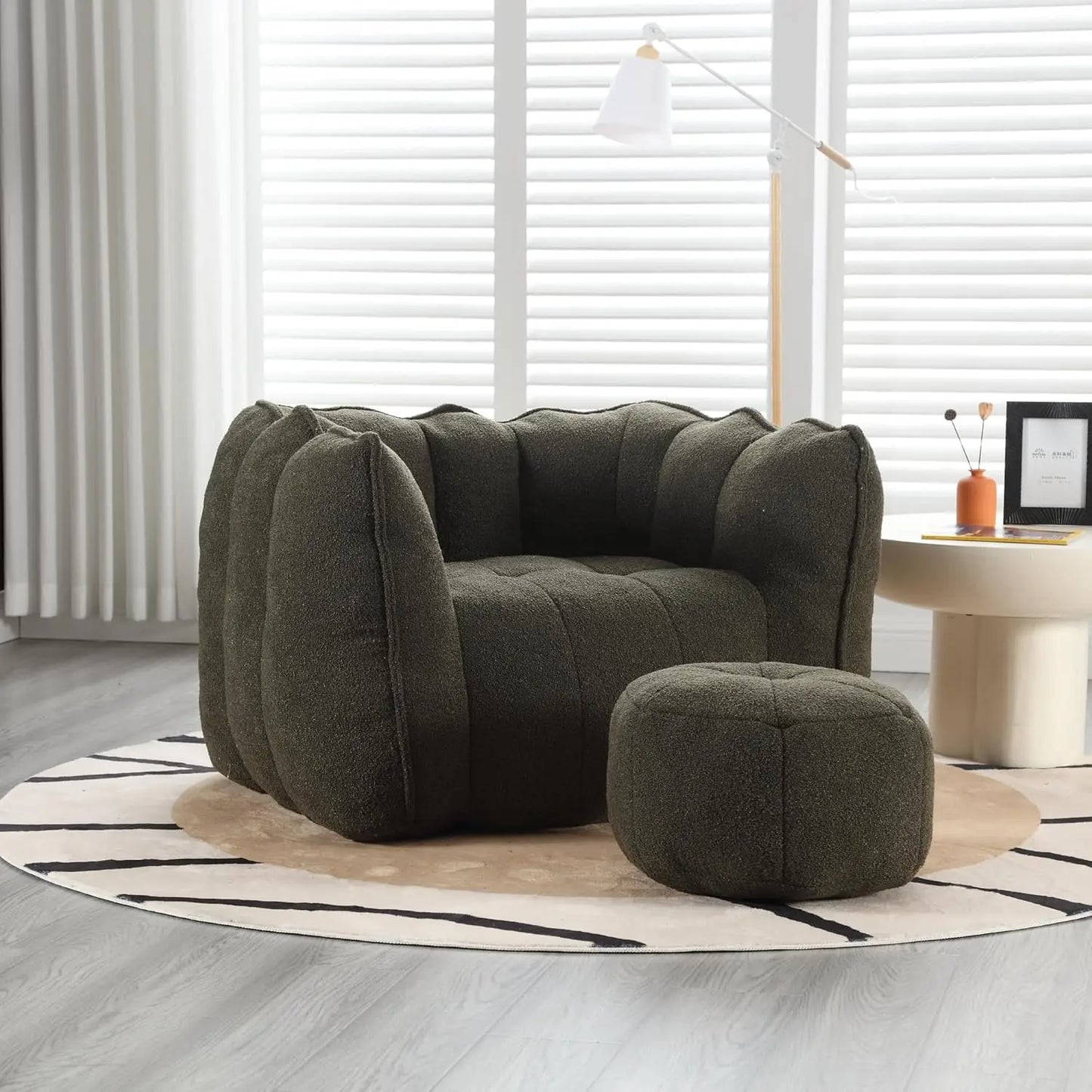 RAEGAN Nuvella Square Chenille Bean Bag Chair with Footstool - 33.5'' Wide, Cozy Lounge Sofa for Adults