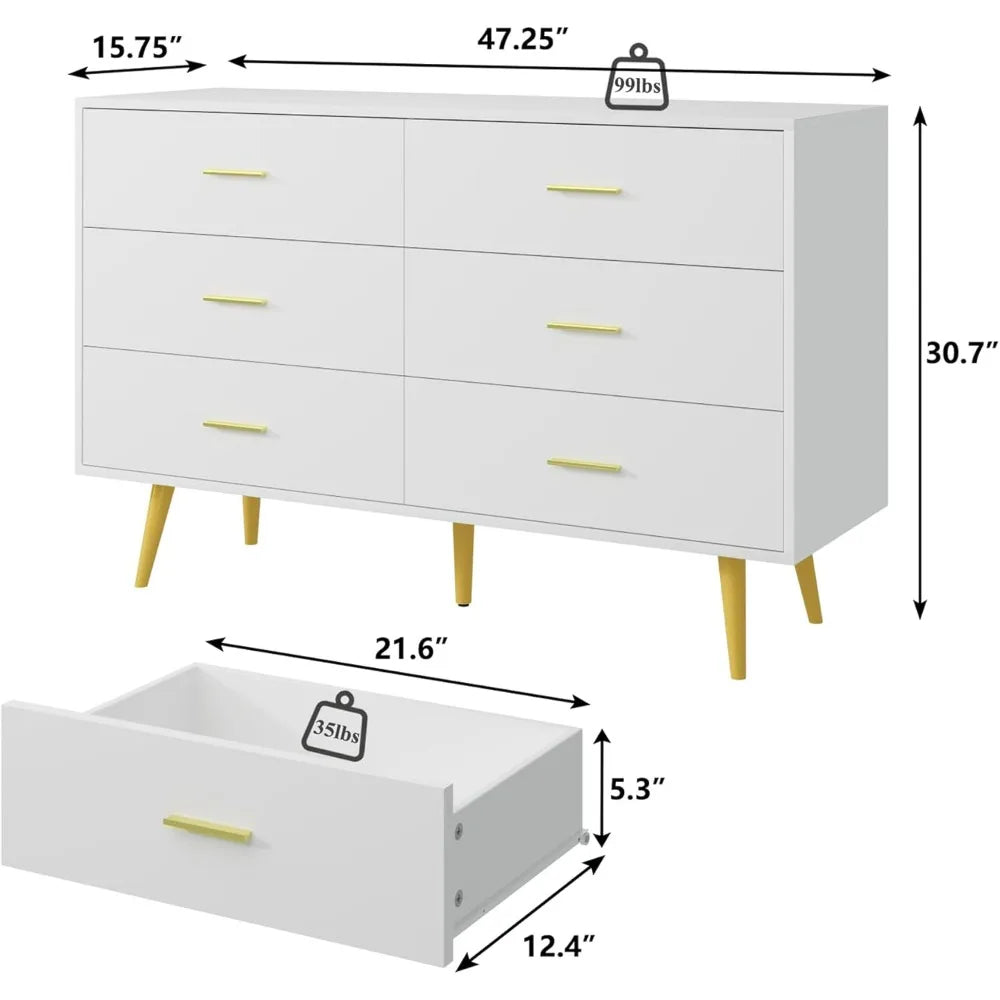 KAYLANI Modern 6-Drawer Wood Dresser with Gold Handles - 42.2" Wide