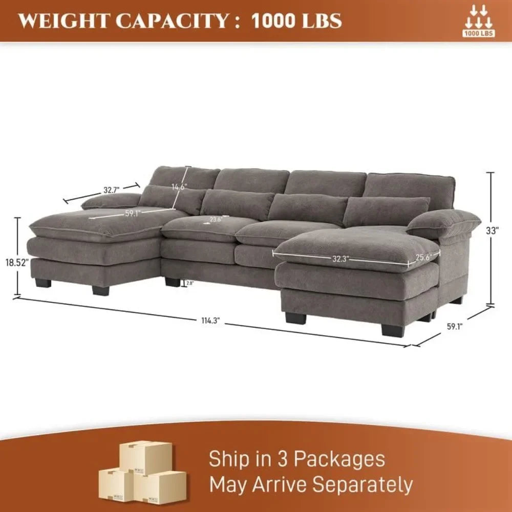 BENNETT Modern Minimalist Deep-Seat Sectional Cloud Sofa – Modular U-Shaped Couch – 114.3" W