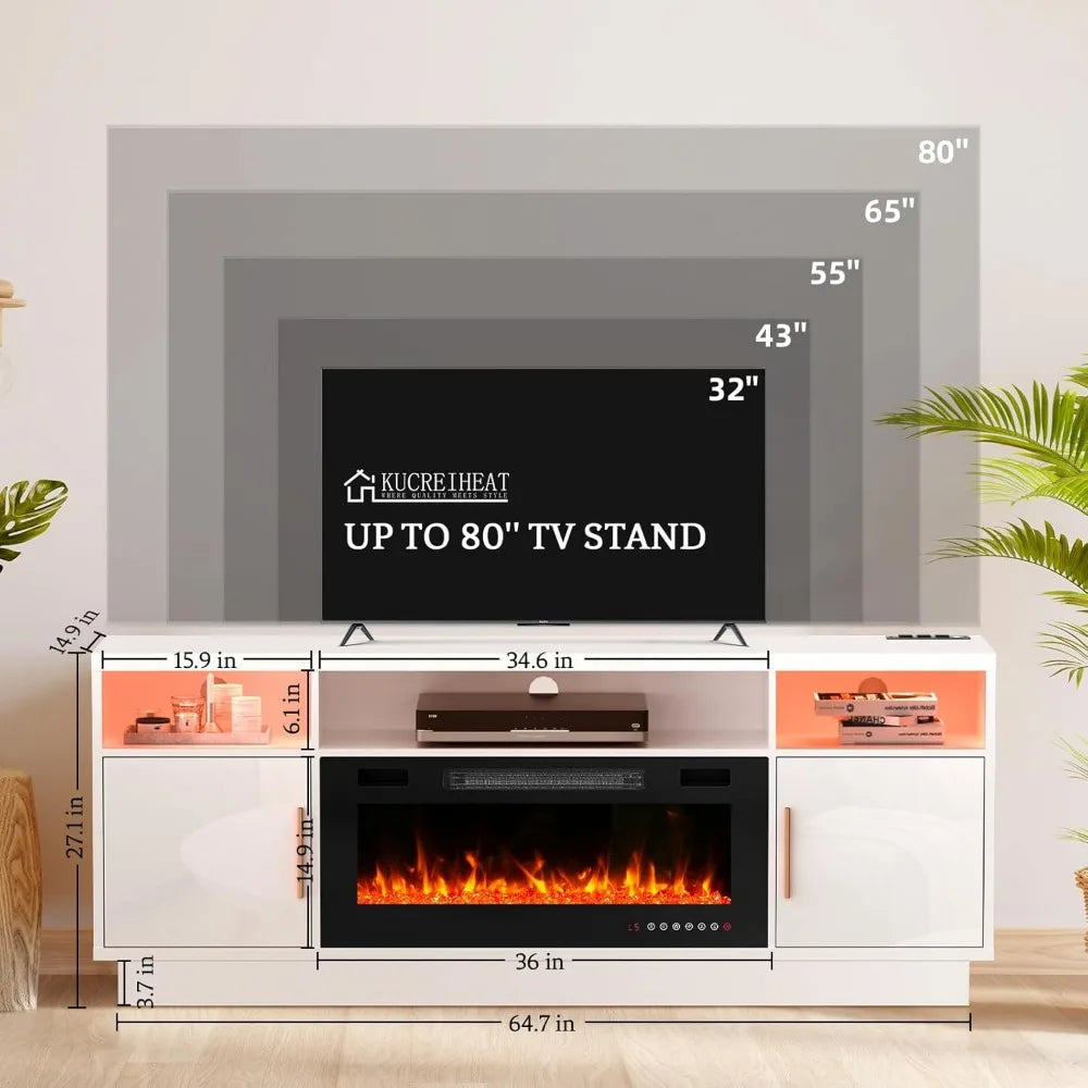 36'' Fireplace-LED Light Entertainment Center for TV-White TV Cabinet with Storage, Modern TV Console for Living Room