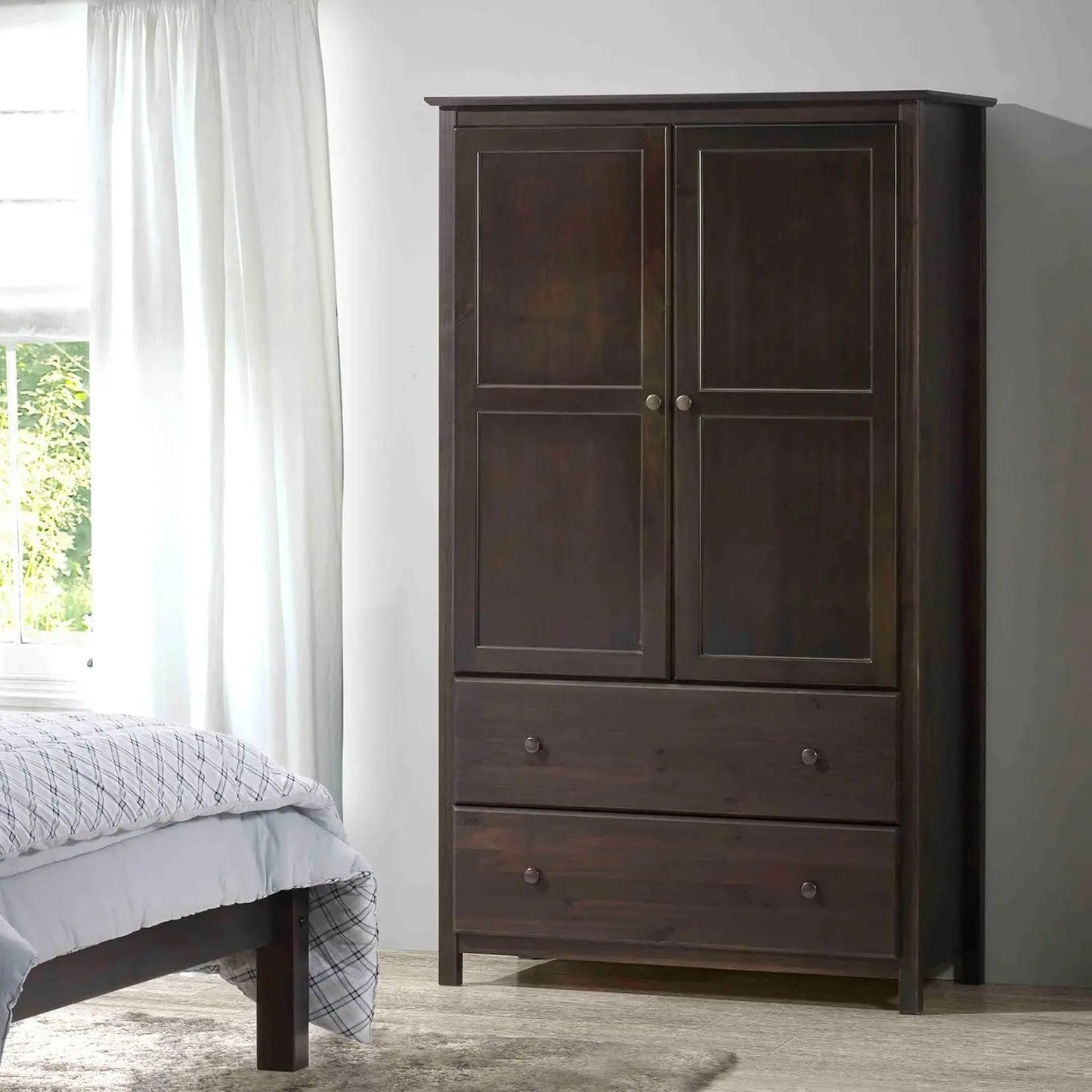 HELEN Wood Wardrobe Armoire – 2-Door Cherry Finish Clothing Cabinet