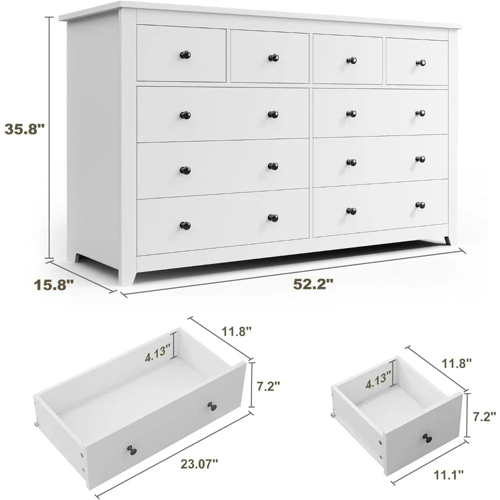 KAILANI Modern Minimalist 10-Drawer Dresser - Wide Storage Chest for Bedroom & Living Room - 52.2''
