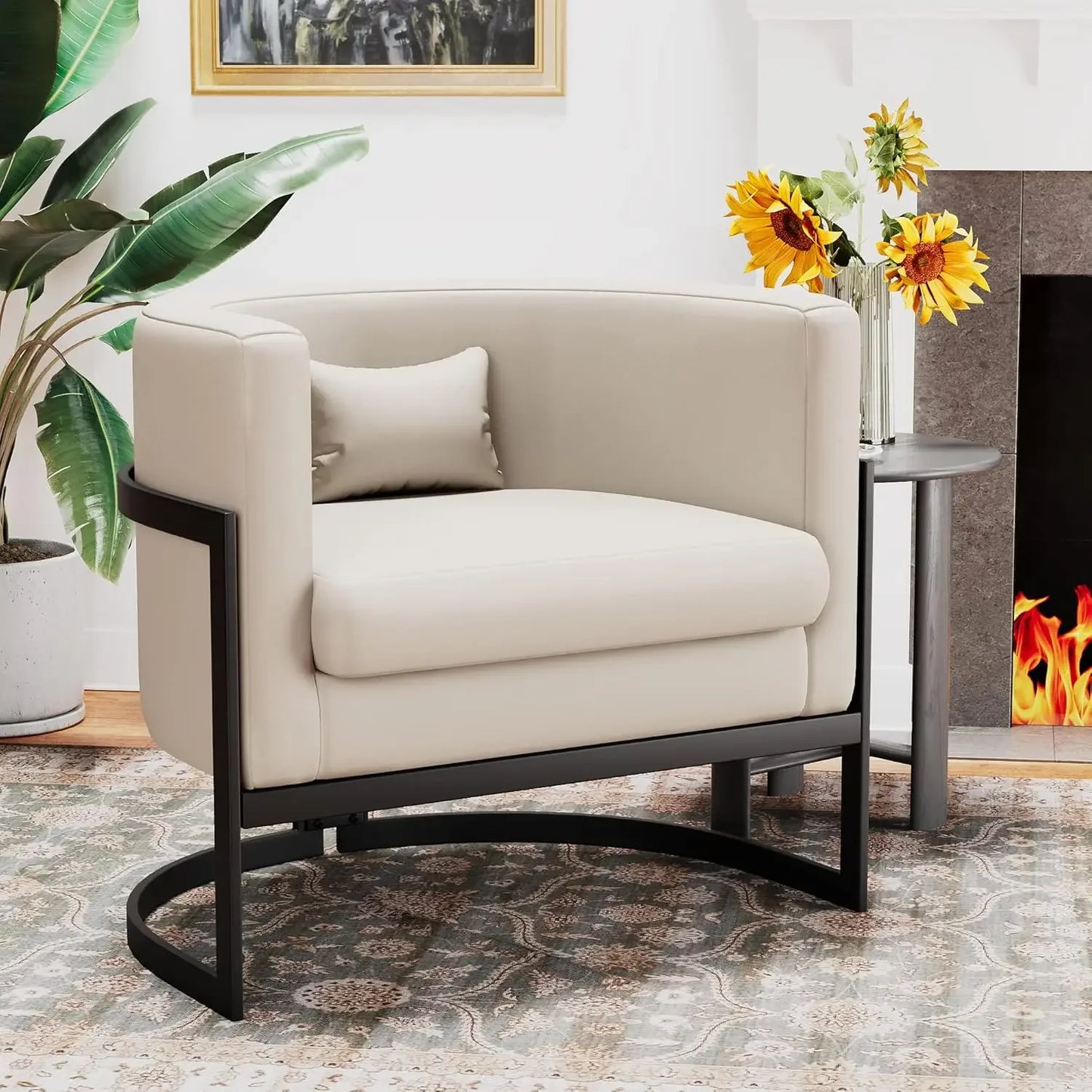 MICAH Brown Faux Leather Barrel Accent Chair – Modern Upholstered Armchair - 31" W