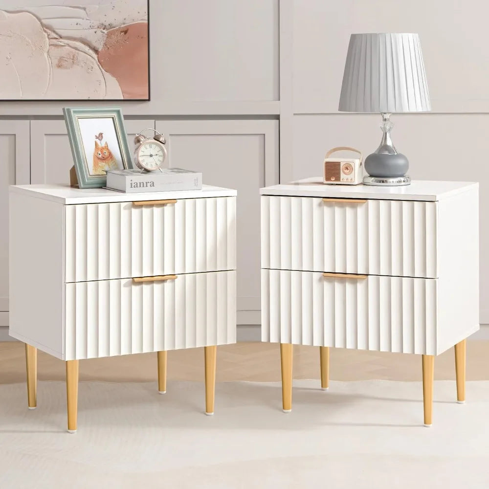 PHOENIX White Modern Fluted Nightstand with 2 Drawers - 24'' Wide