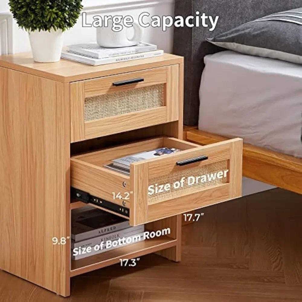 MALANI Modern Rattan Nightstand with 2 Drawers & Open Storage – 17.3" Wide Bedside Table