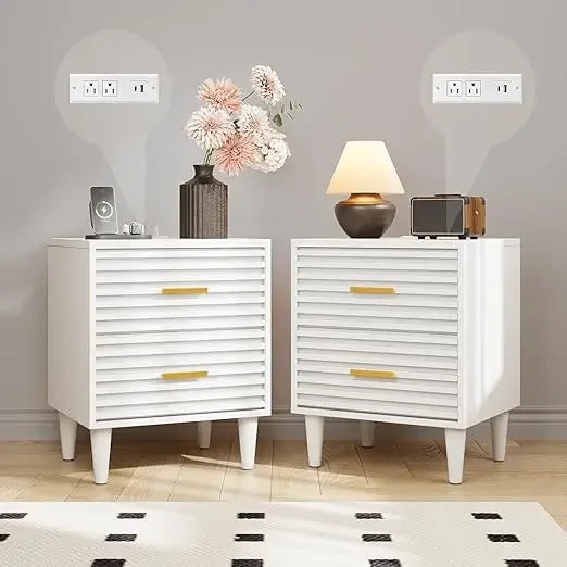 ALYSSA Modern Nightstand with Charging Station - 19" Wide Bedside Table with 2 Drawers
