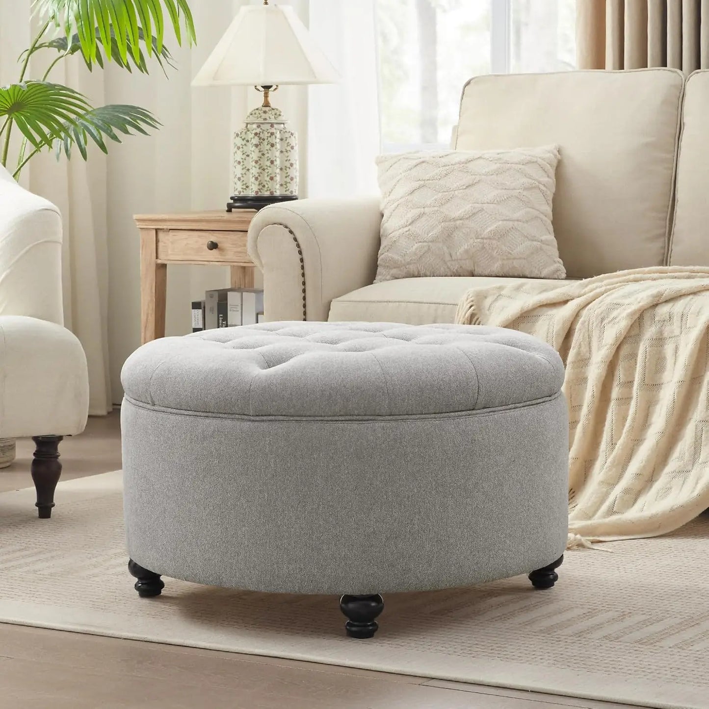 CHASE 30-Inch Round Storage Ottoman with Button Tufting and Removable Top - 30" W