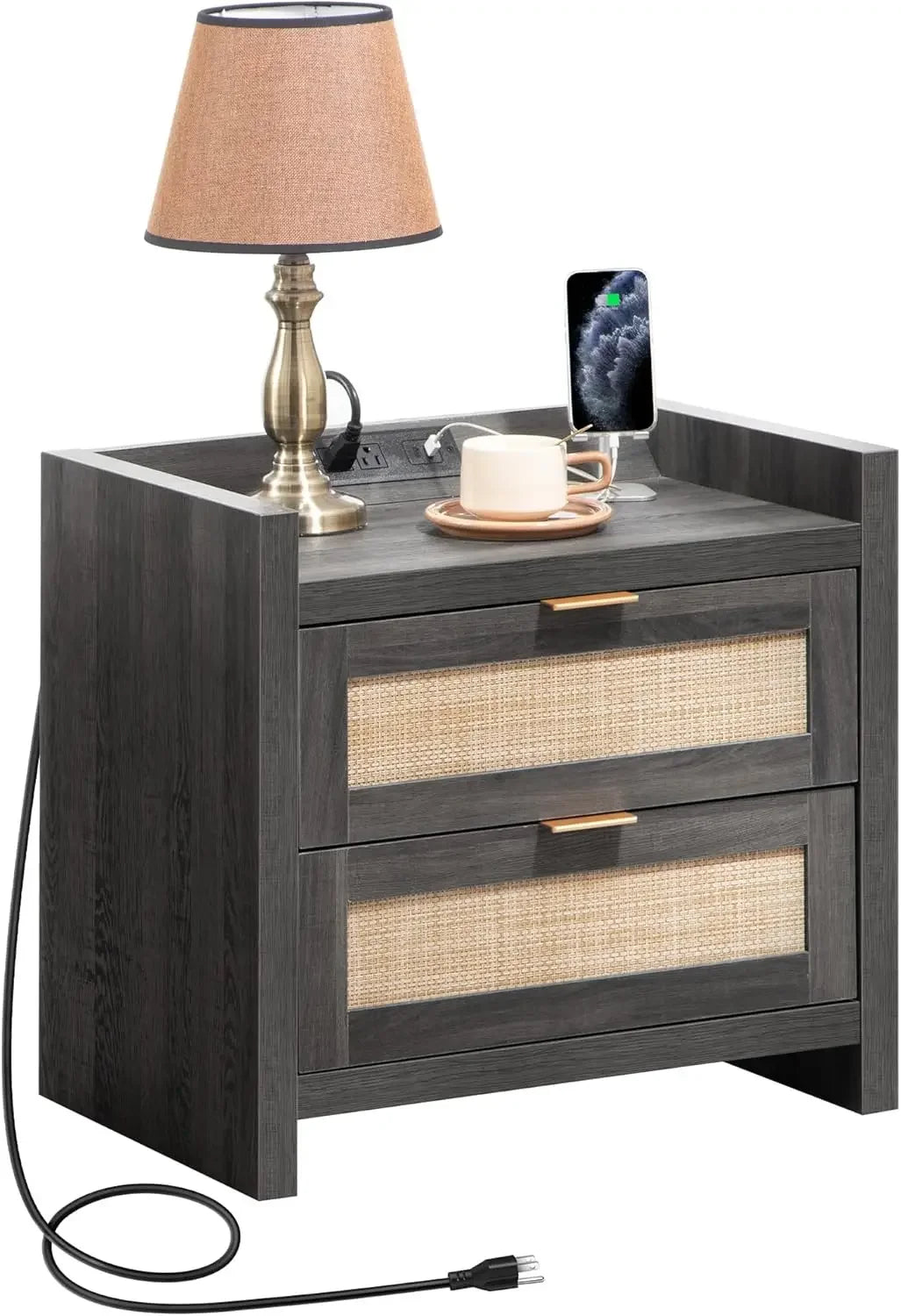 WYNTER Wide Bedside Table with Type-C Charging, 2 Drawers & Open Shelf