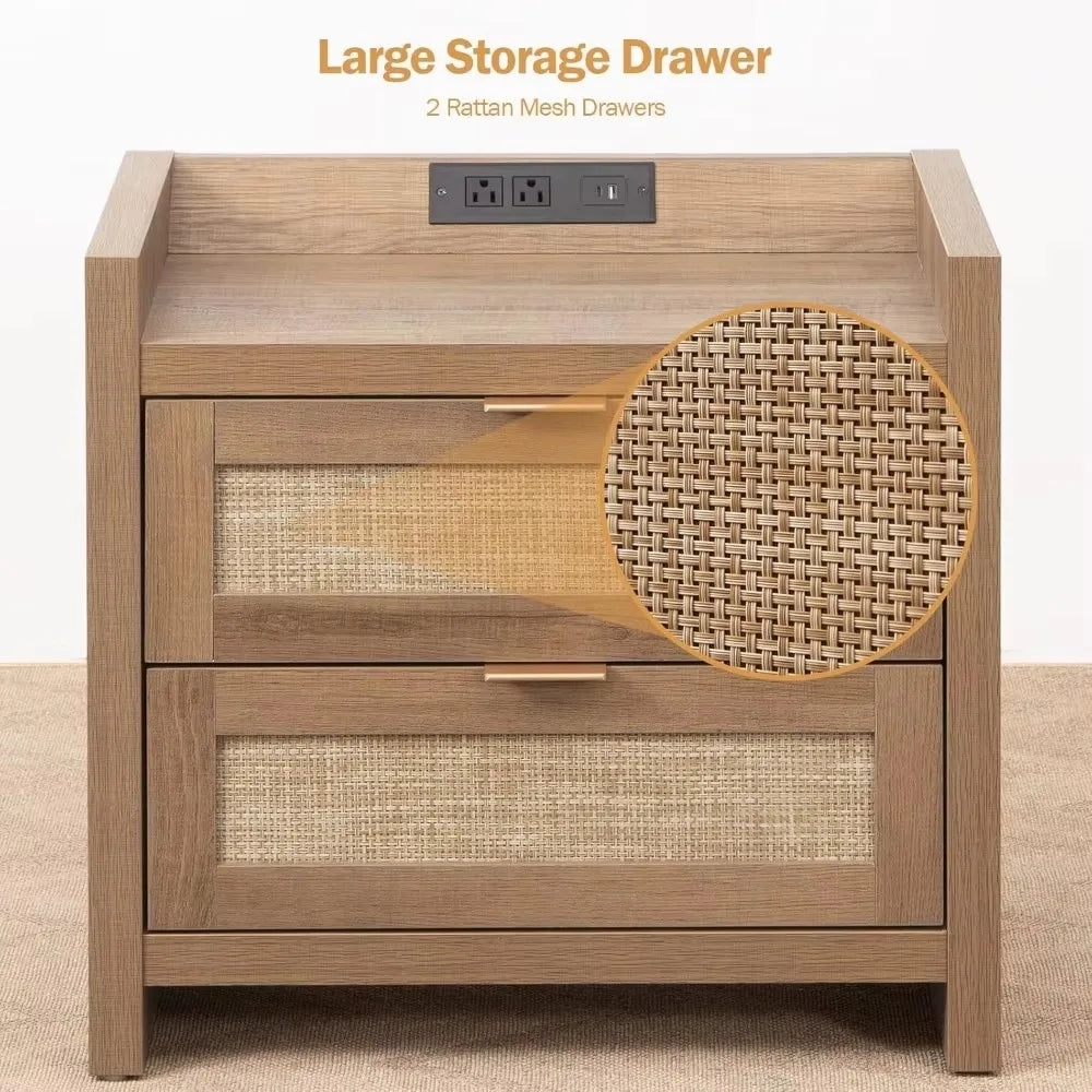 WYNTER Wide Bedside Table with Type-C Charging, 2 Drawers & Open Shelf