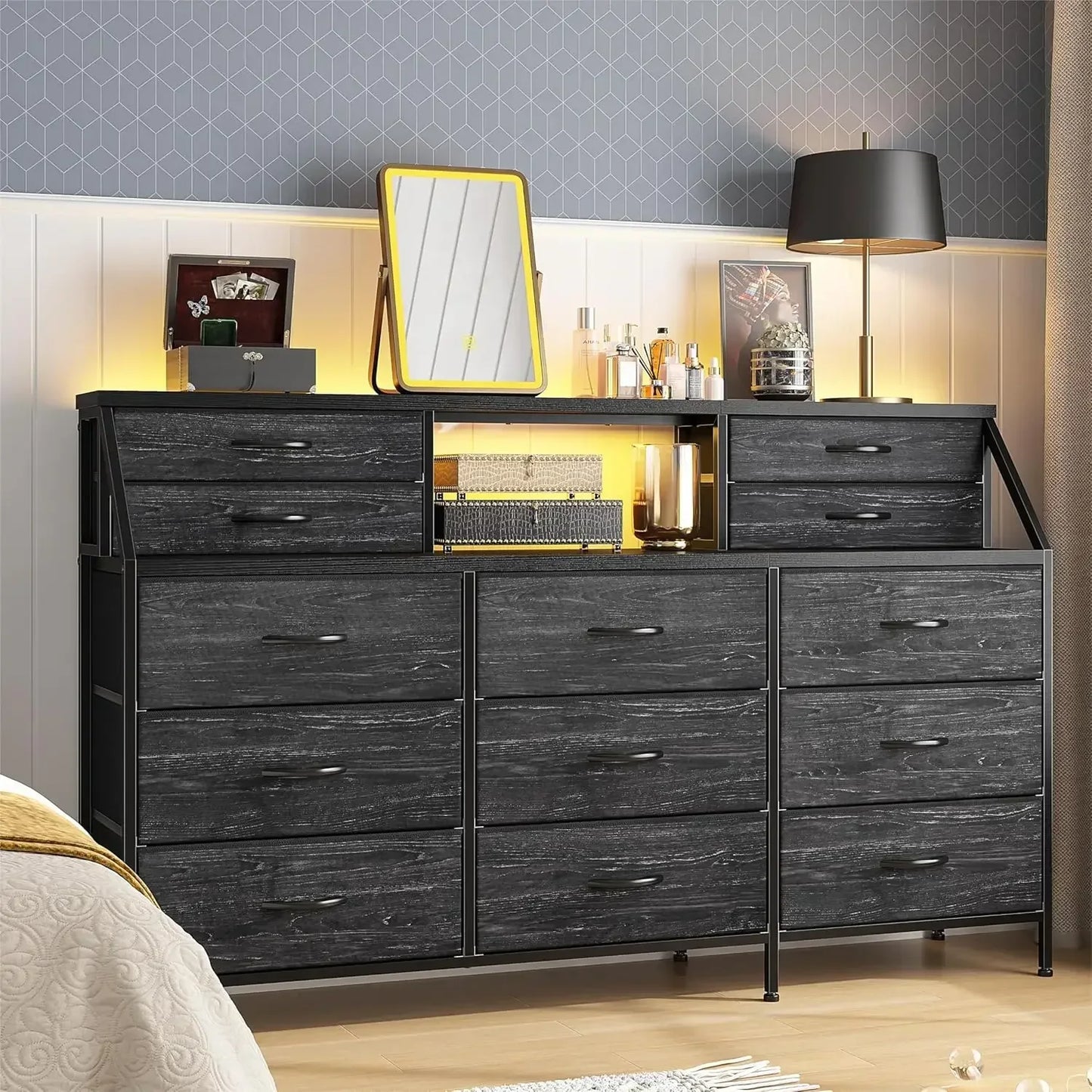 OPHELIA Modern Wide Storage Dresser – 13 Drawer Organizer with Open Shelves | 55.1'' W
