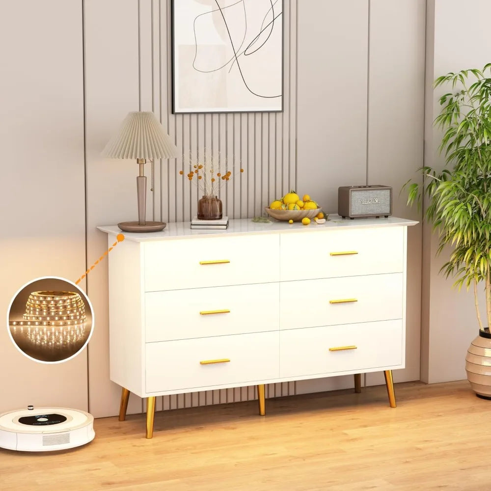 ANTONELLA Modern LED White Dresser – 6 Drawer Chest with Gold Handles – 47.2''