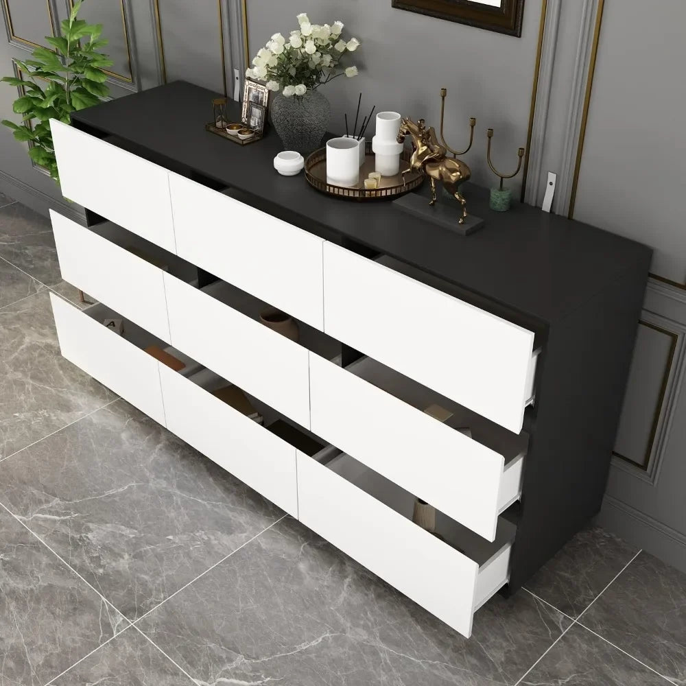 LEIA Modern 9-Drawer Wide Dresser – Sleek Black & White Chest of Drawers