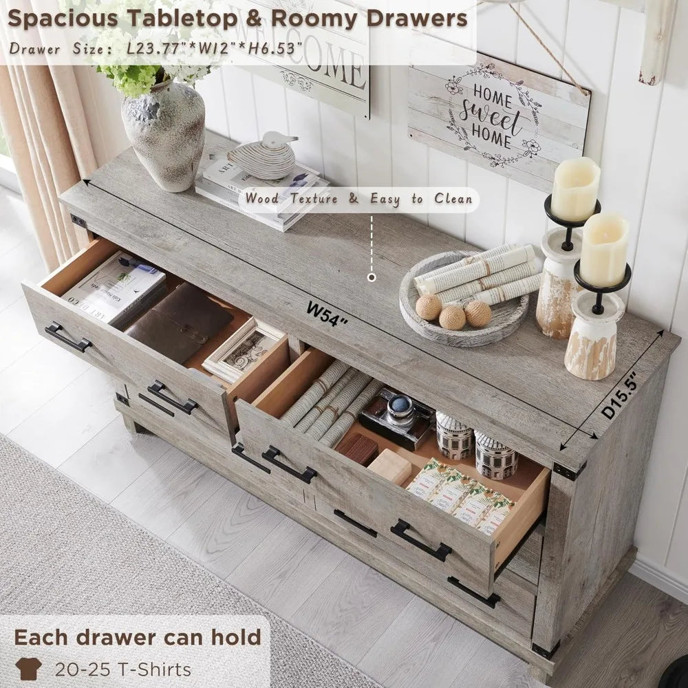 LEILA Farmhouse Rustic 6-Drawer Dresser - 54" Wide Chest of Drawers for Bedroom Storage