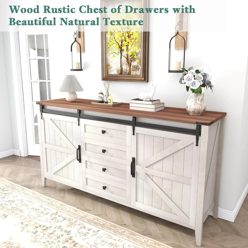 HARMONY Rustic Farmhouse Sliding Barn Door Dresser - 60" Wide Wooden Storage Chest with 4 Drawers