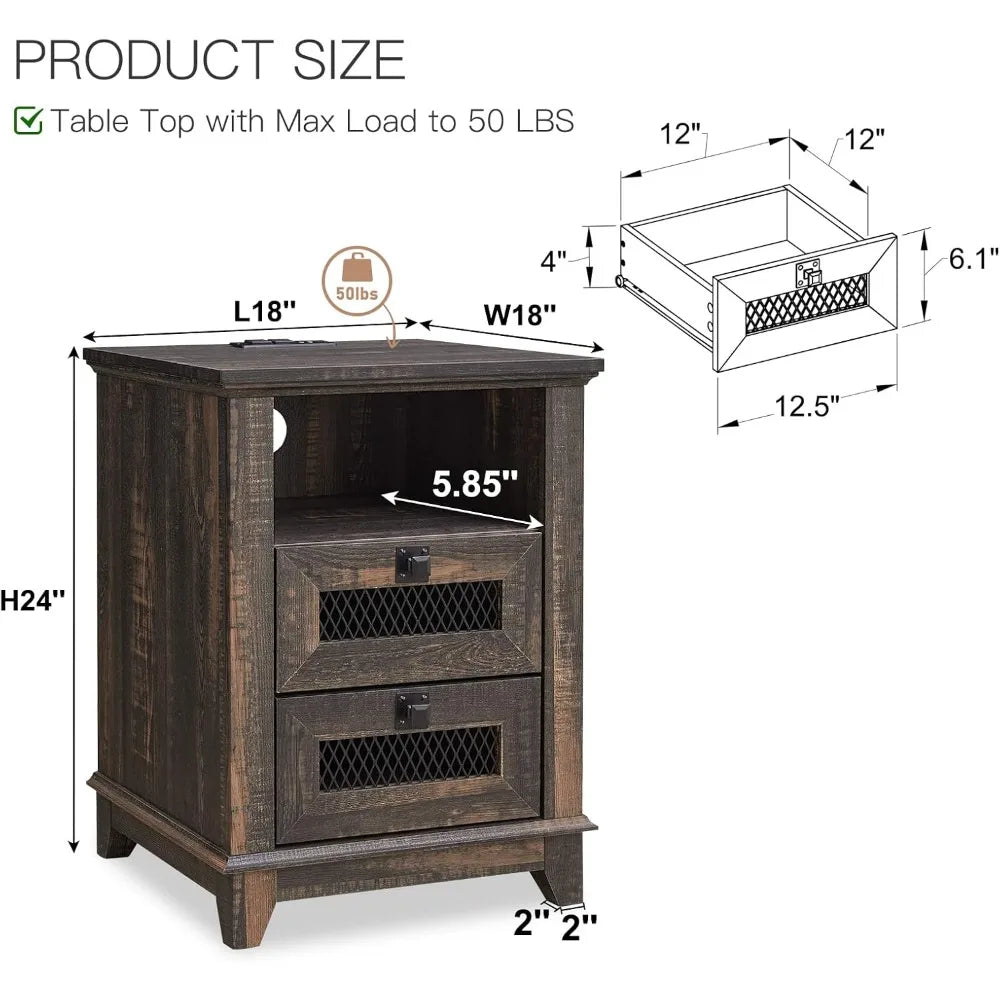 DREAM Farmhouse Nightstand with Charging Station & Mesh Drawers