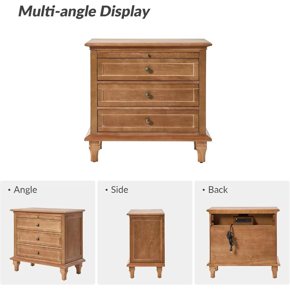 REGINA Farmhouse Nightstand Set of 2 with Charging Station, Pull-Out Shelf & Solid Wood Legs - 27''