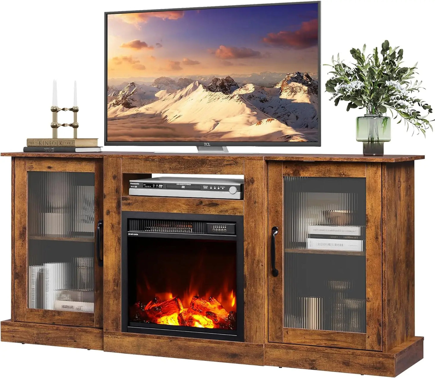 TYLER Retro TV Stand with Fireplace, Entertainment Center - 58" W