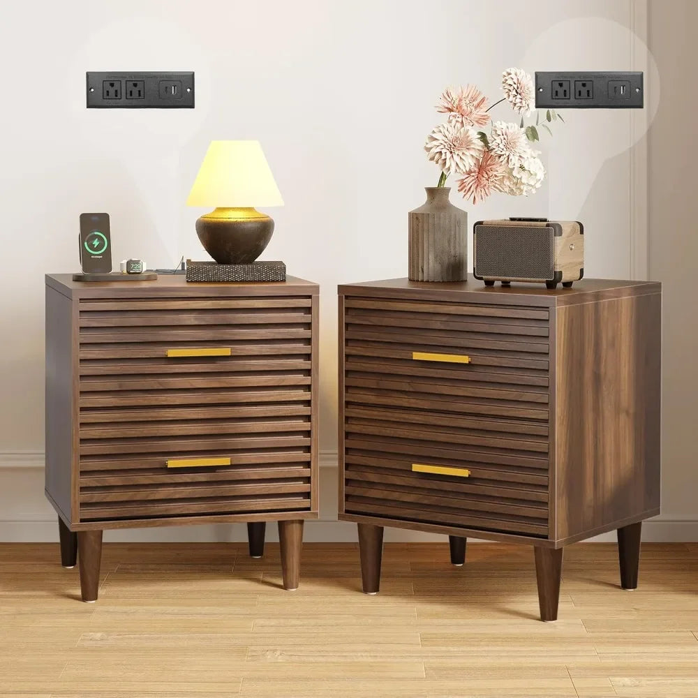 ALYSSA Modern Nightstand with Charging Station - 19" Wide Bedside Table with 2 Drawers