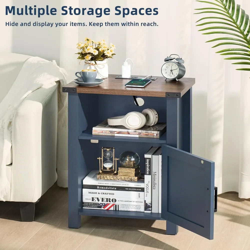 SERENA Farmhouse Nightstand Set of 2 with Charging Station - 18" Rustic Bedside Table with USB Ports & Storage