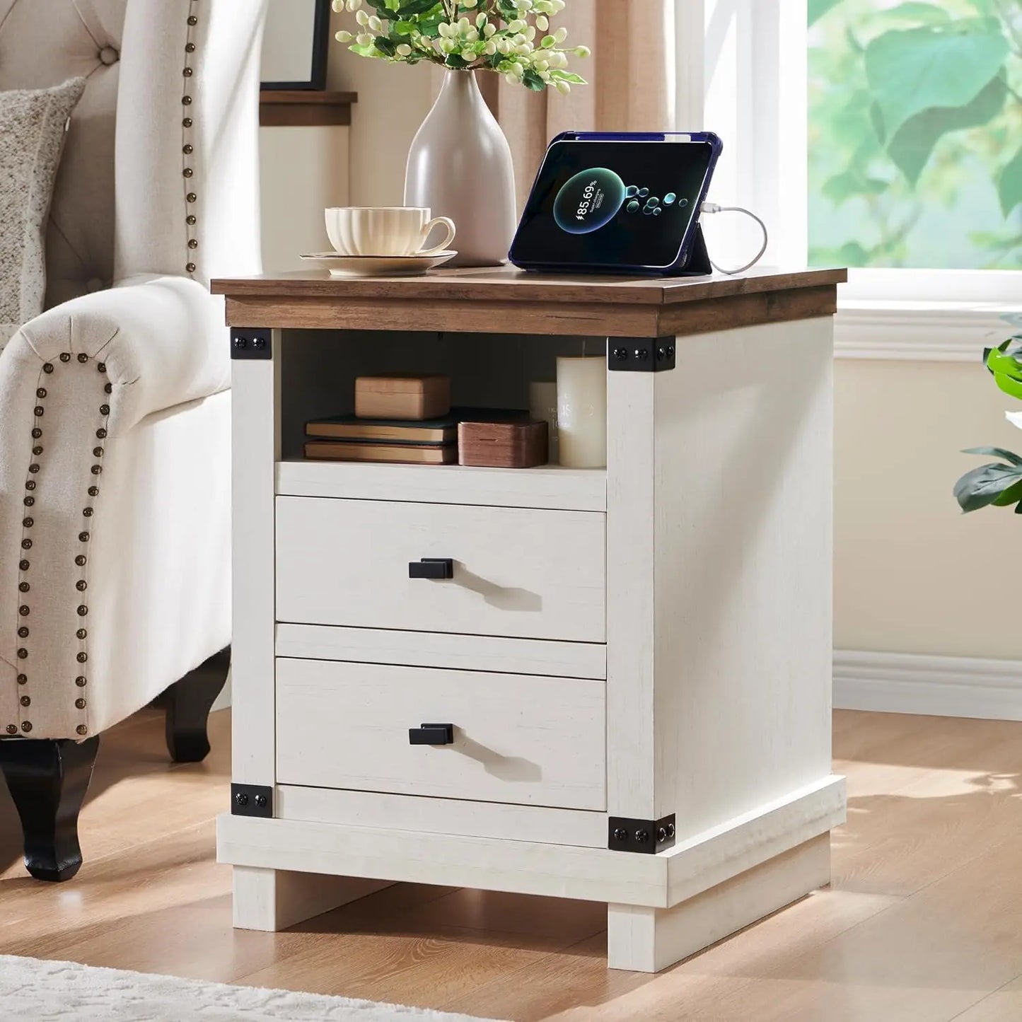 SELAH Rustic Farmhouse Nightstand with Charging Station – 18" Wooden End Table with Storage Drawers
