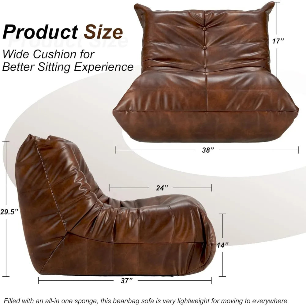 CHARLI Caterra 38'' Faux Leather Bean Bag Sofa – Mid-Century Lounger Style