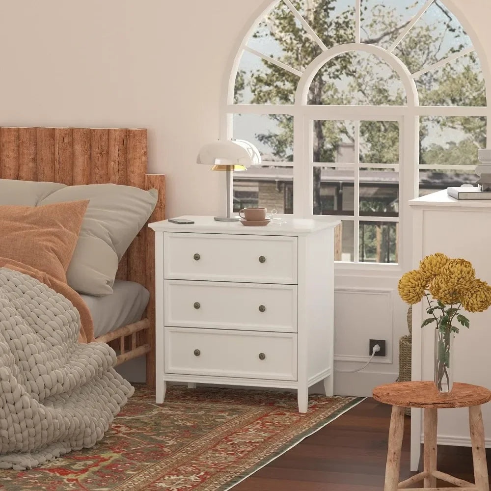MYA Modern Farmhouse Nightstand with 3 Drawers & Charging Station - 27.6'' Wide