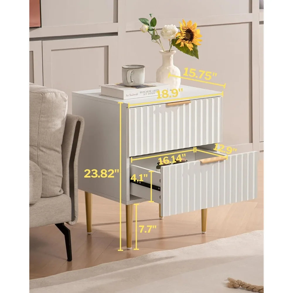 PHOENIX White Modern Fluted Nightstand with 2 Drawers - 24'' Wide