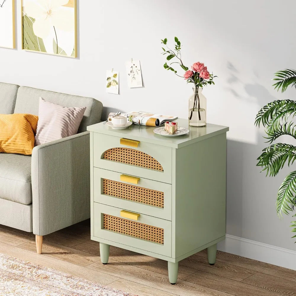 BROOKE Mint Green Modern Rattan 3-Drawer Nightstand - 19.69''