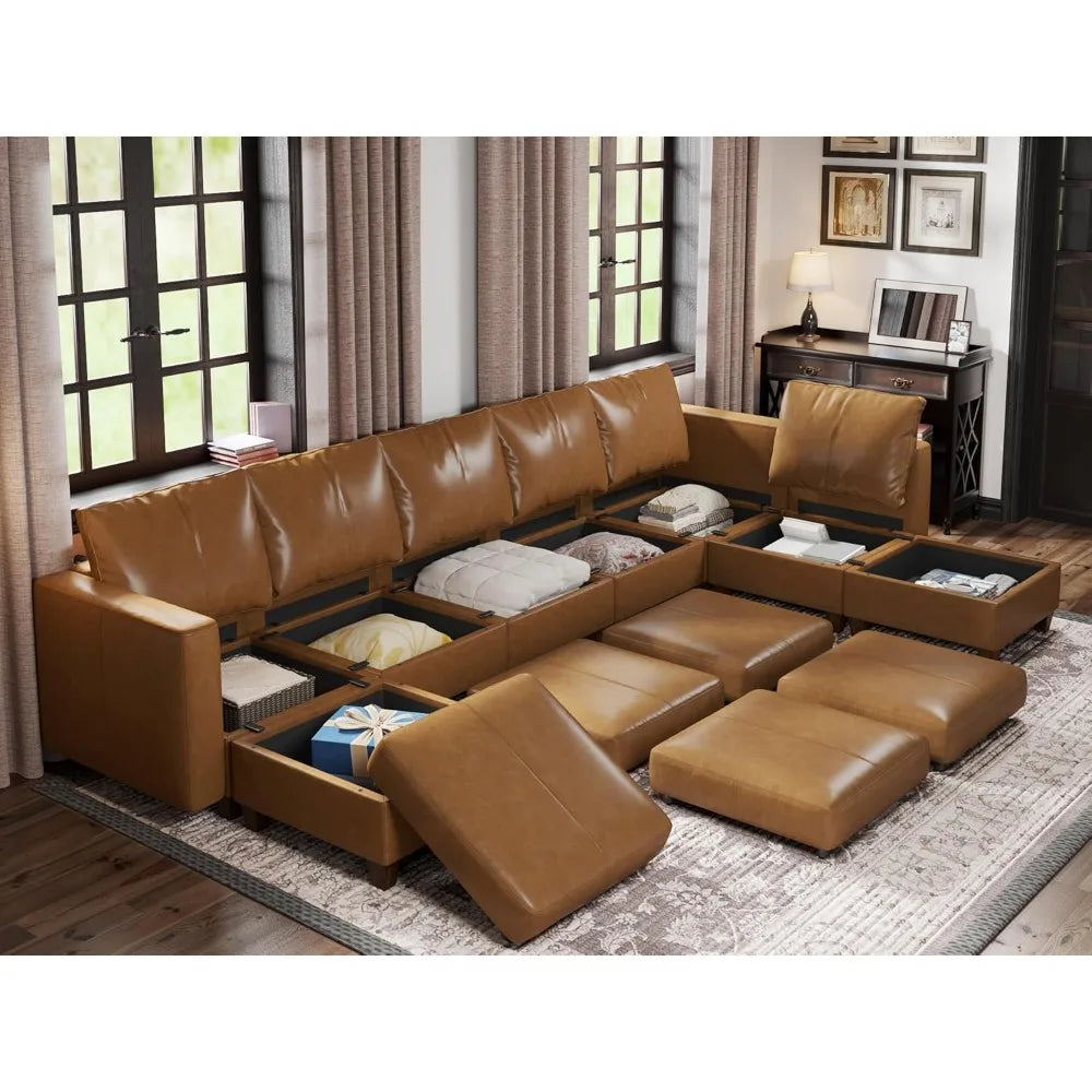 AVERY LuxOra Faux Leather U-Shaped Modular Sectional Sofa | Convertible Sleeper with Storage Ottomans – 118.2″ W