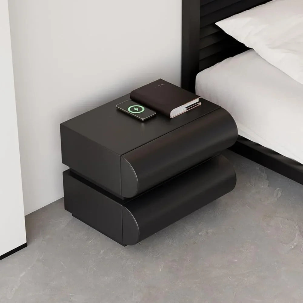 KAYLA Modern Black Leather Smart Nightstand with Wireless Charger - 19.7"