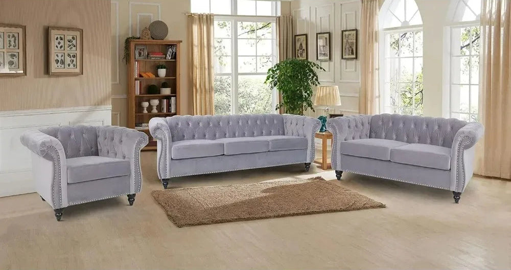 LYDIA Velvet Chesterfield Living Room Sofa Set – Club Chair, Loveseat & Sofa – 32" W