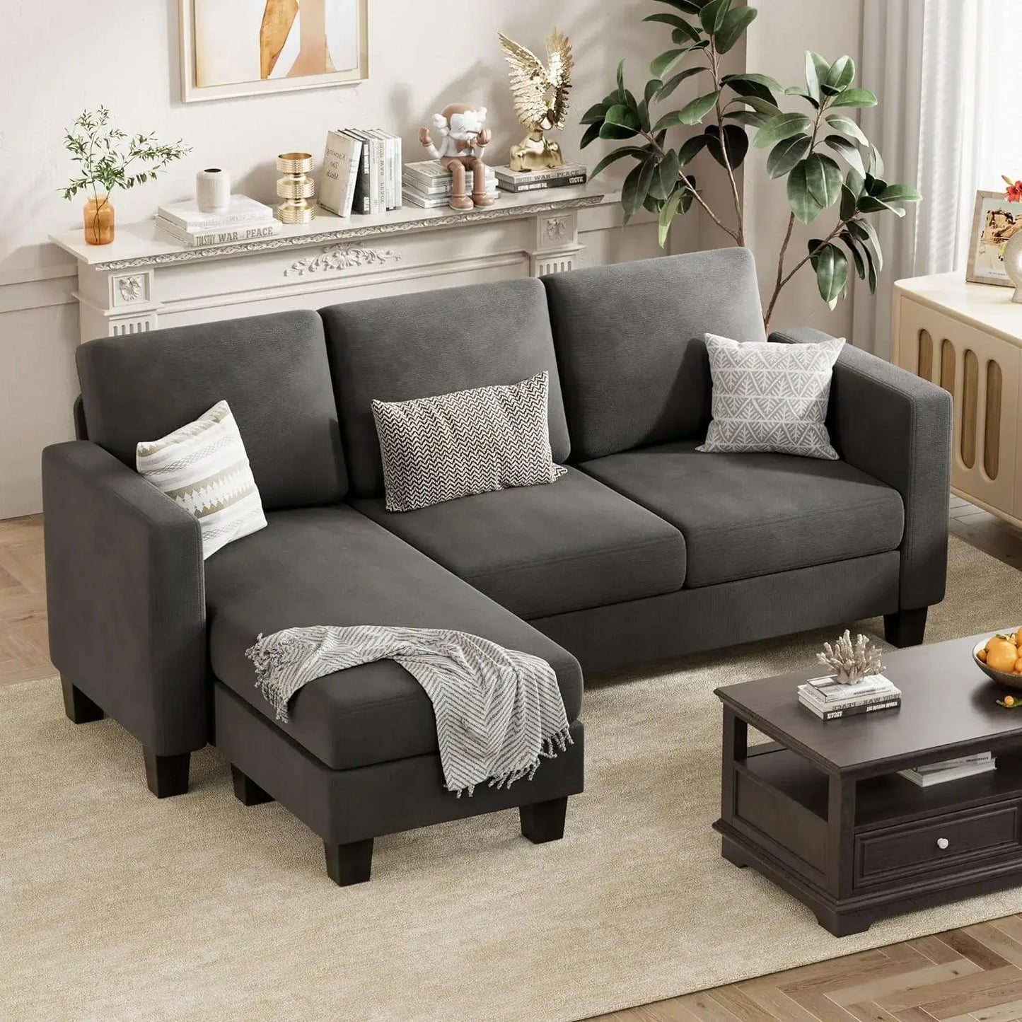 ANGELA Modern Linen Convertible L-Shaped Sectional Sofa – 3-Seater Couch with Movable Ottoman - 70.8"W