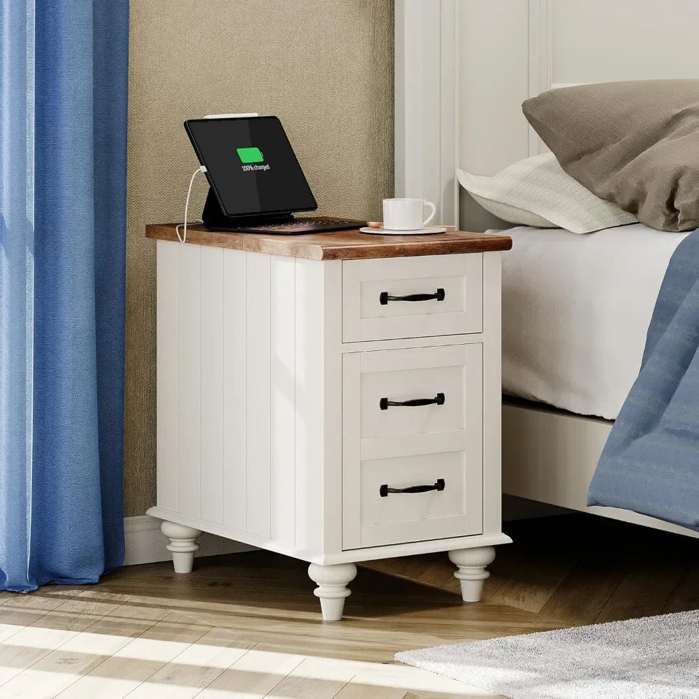 LILLIANA Wood Nightstand with Charging Station and Storage Cabinet – 14.9” Wide