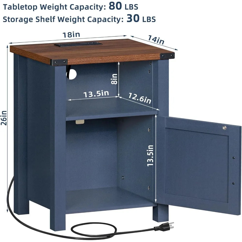 SERENA Farmhouse Nightstand Set of 2 with Charging Station - 18" Rustic Bedside Table with USB Ports & Storage