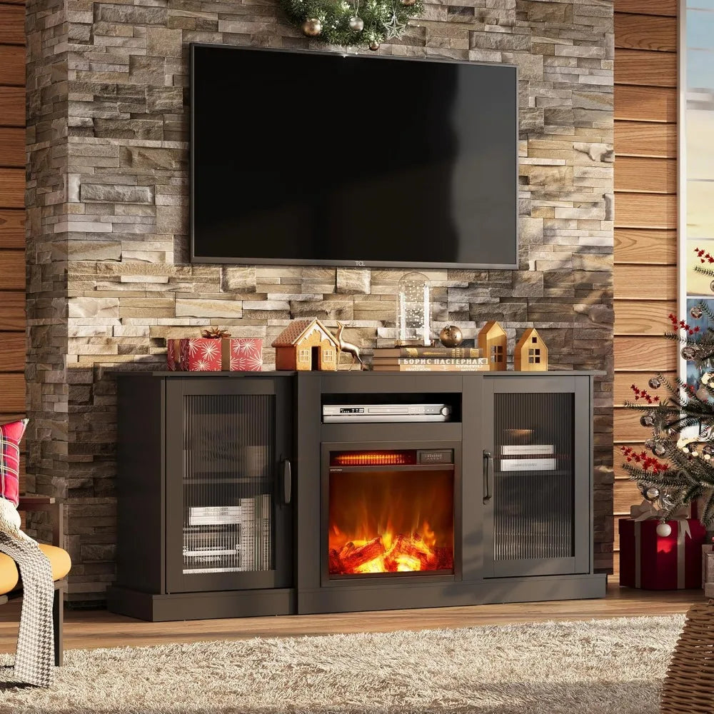 TYLER Retro TV Stand with Fireplace, Entertainment Center - 58" W