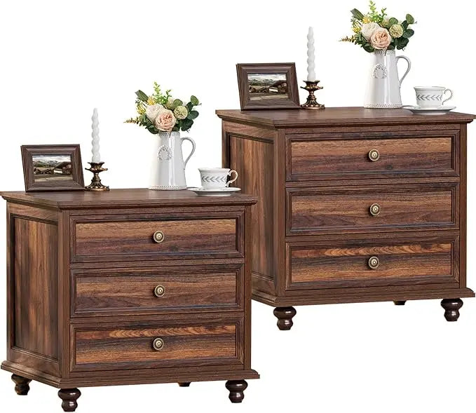 NAYELI Wide Nightstand Set of 2 – Solid Wood End Table with 3 Drawers for Bedroom