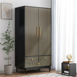 FIONA Modern Groove Panel Wardrobe Armoire – Wooden Clothing Organizer with Drawers, Shelves & Hanging Rod