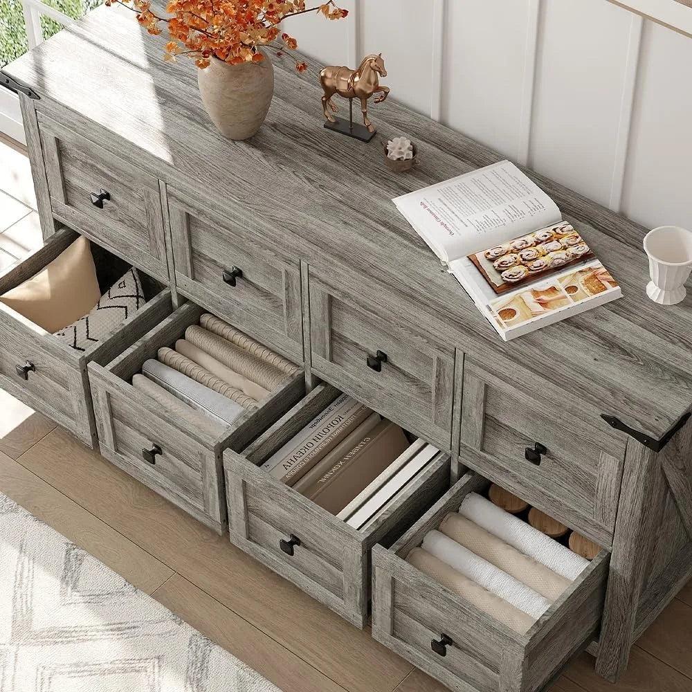 LILITH Rustic Farmhouse 8-Drawer Dresser - 59.1" Wide Wooden Chest of Drawers