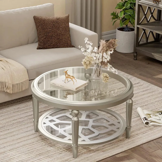 XAVIER Minimalist Modern Round Coffee Table – Champagne Finish Glass Top | 32'' W