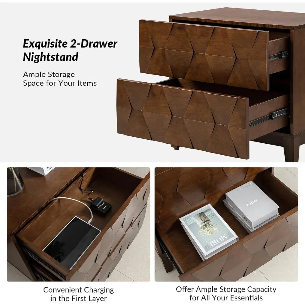 MAGGIE Modern Wooden Nightstand Set of 2 - 32'' Wide 2-Drawer Hexagonal Design with Charging Station