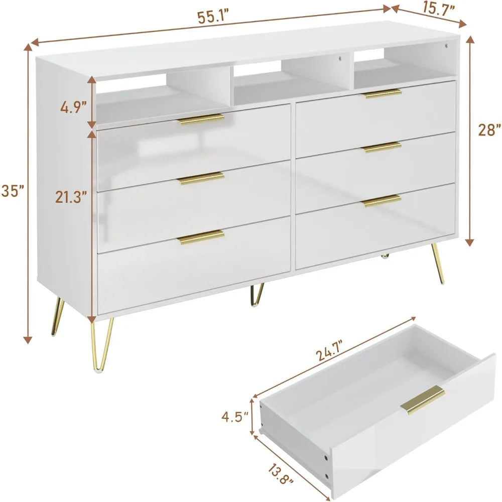 LOLA Modern High Gloss LED Dresser – 6 Drawer Chest with Gold Legs & Open Storage | 55.1'' W