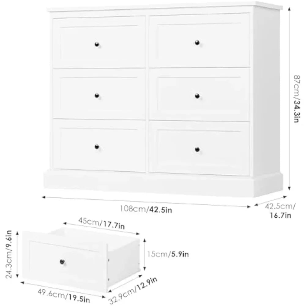 MARLEY Modern White 6 Drawer Dresser - Stylish Bedroom Storage 42.5''
