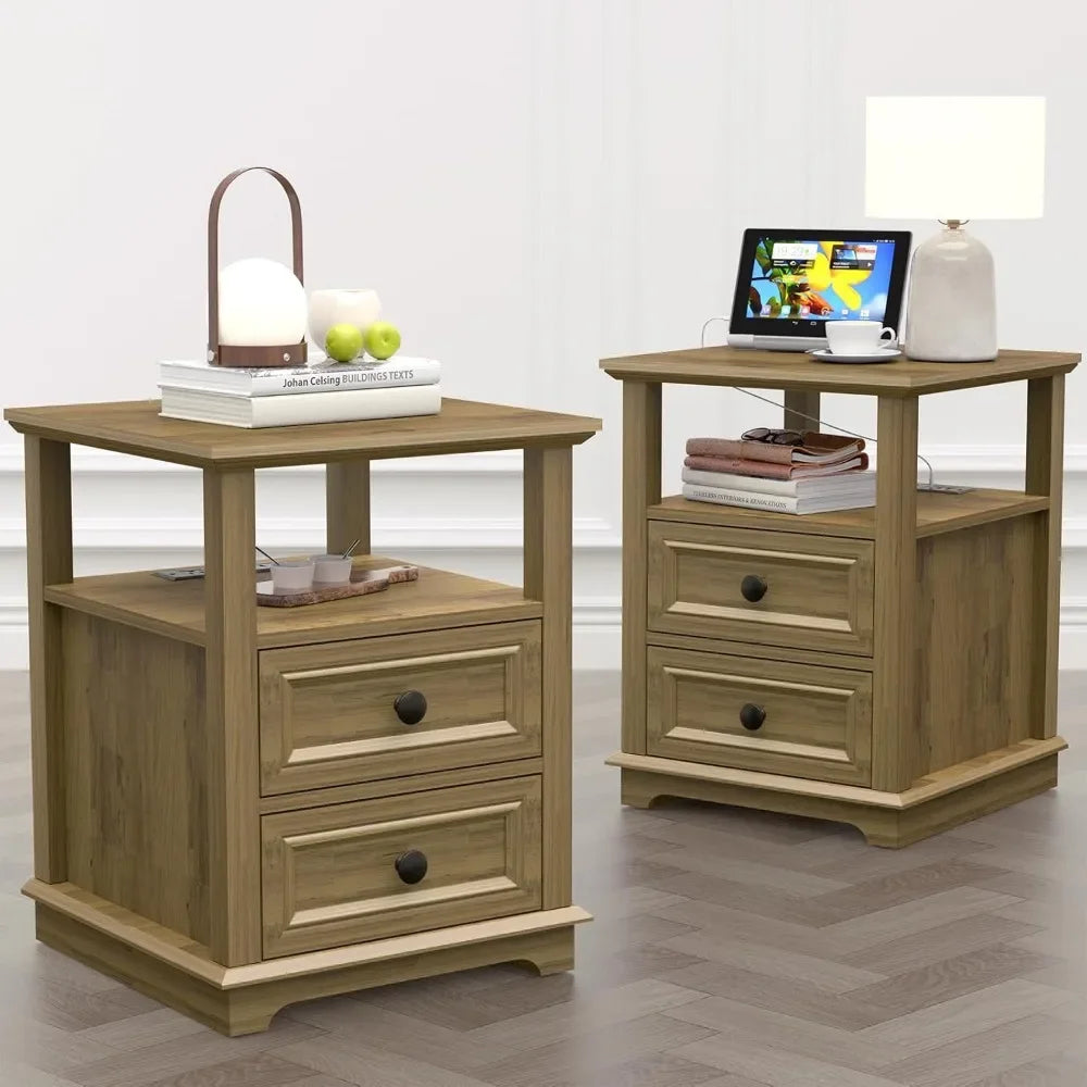 ALAYNA Rustic End Table with Charging Station & Storage Drawers