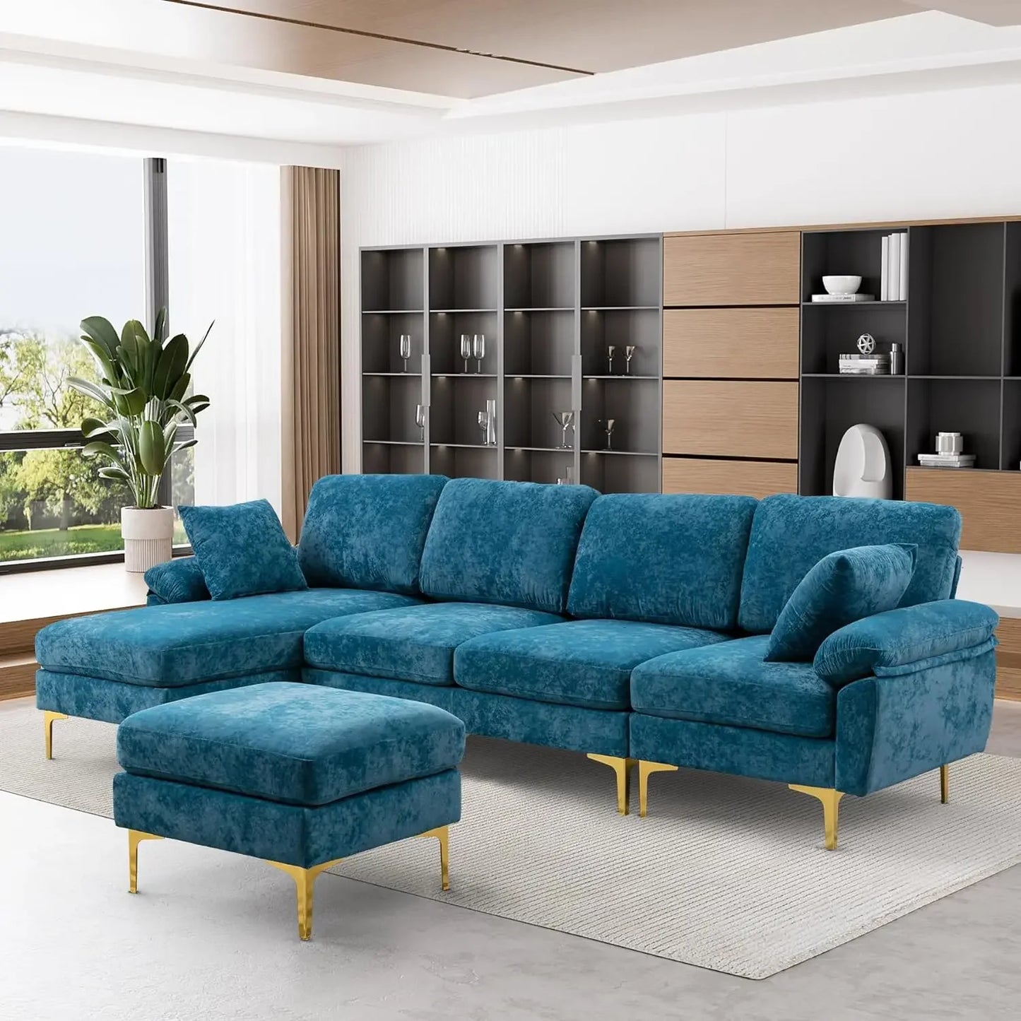 RYKER Modern Velvet U-Shaped Sectional Sofa with Chaise & Ottoman – Sectional Couch – 114.17" W