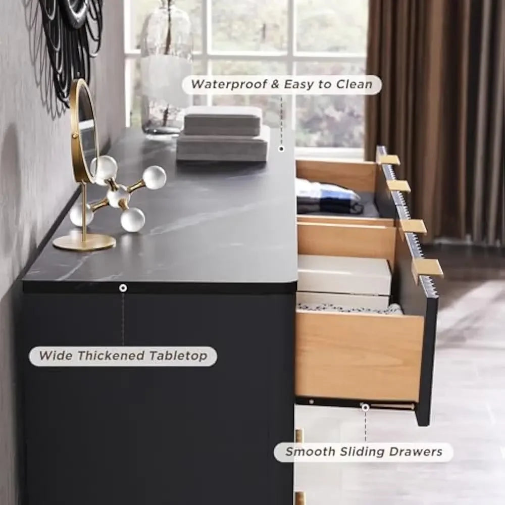 MALIA Modern Fluted Chest of Drawers – Wood Storage Dresser with Gold Handles
