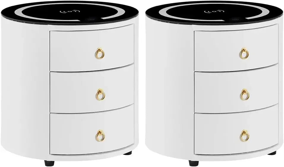 MCKENNA Modern Round Nightstand Set of 2 with Wireless Charging & LED Lights - 18.1''