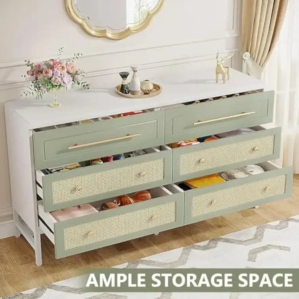 SUTTON Modern Rattan 6 Drawer Dresser - 55" Wood Storage Chest