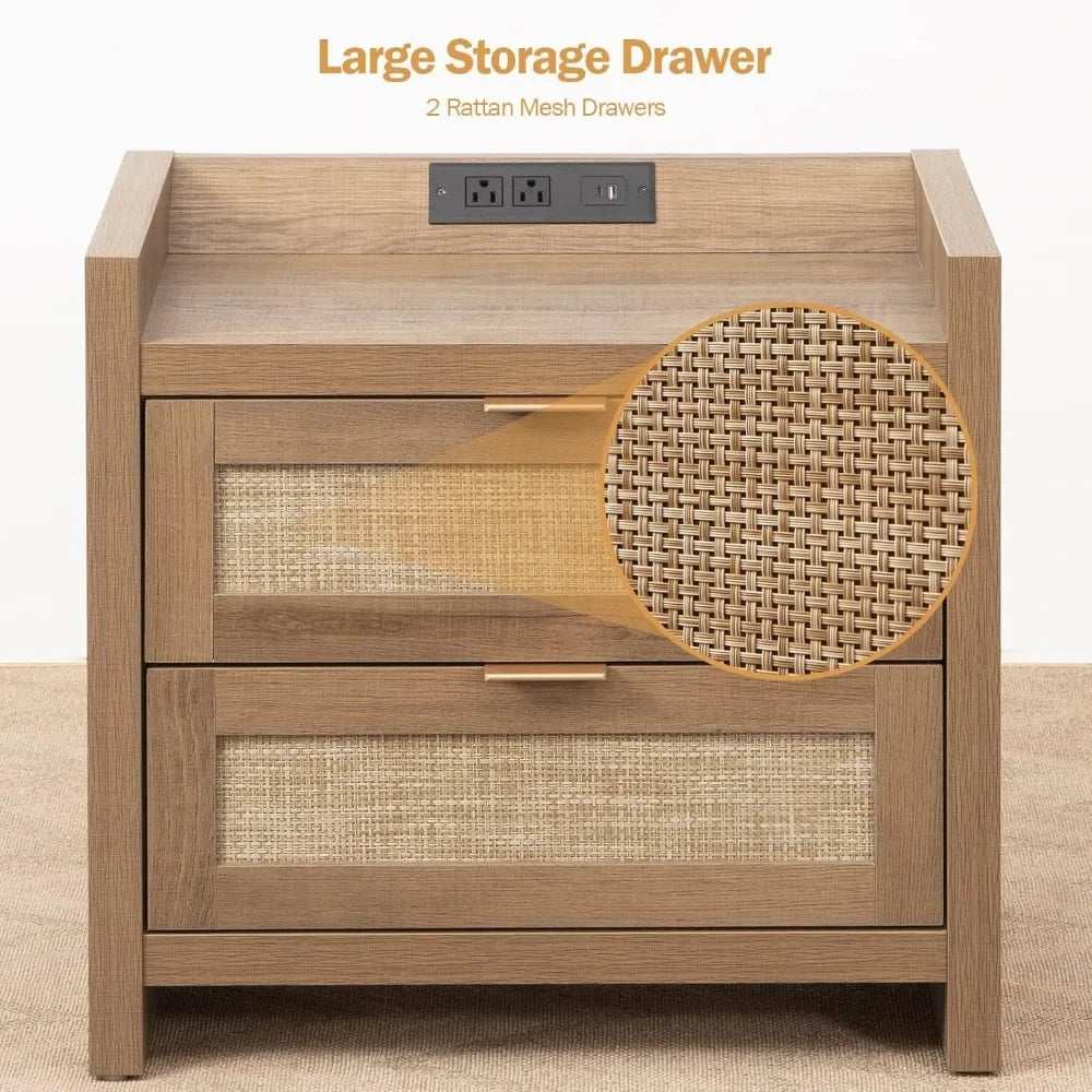 TEAGAN Wooden Bedside Table with Charging Station - 23.6'' Wide